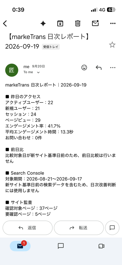 markeTrans日次レポートのアクセス・Search Console・サイト監査部分